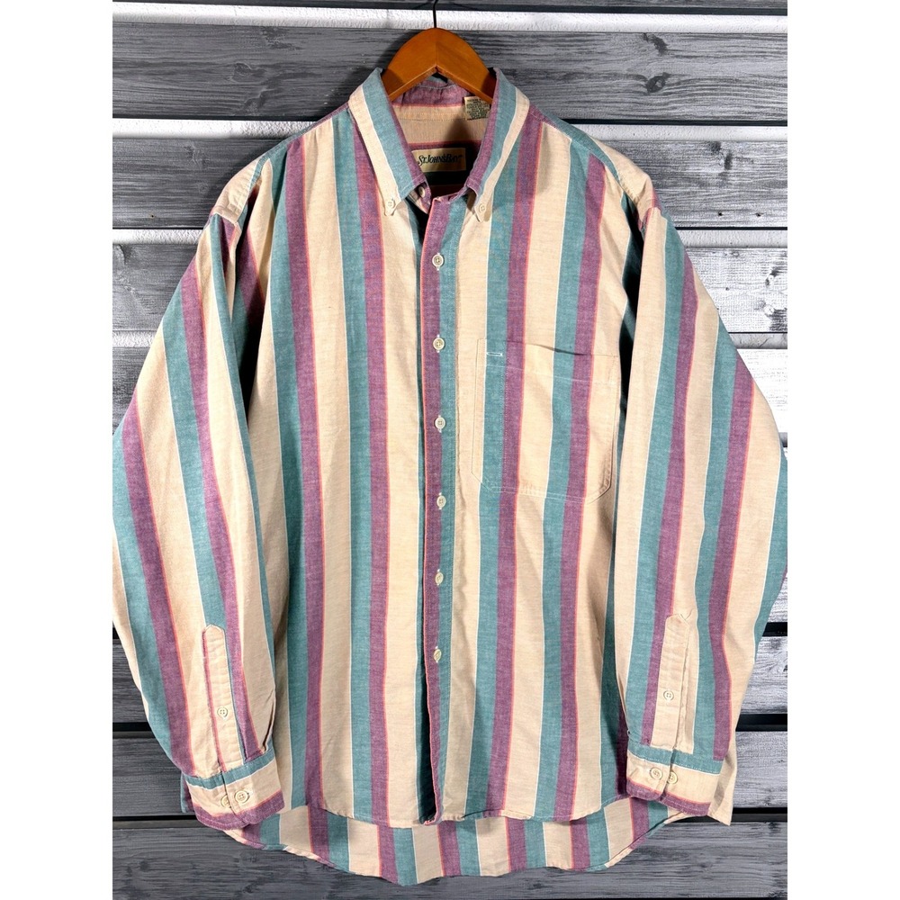 St Johns Bay Men XL Button Down Shirt Colorblock Striped Long Sleeve Vintage 90s